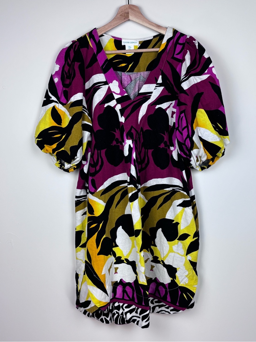 🌺 Cynthia Rowley Tropical Floral Linen Dress | M | Magenta Yellow Black White